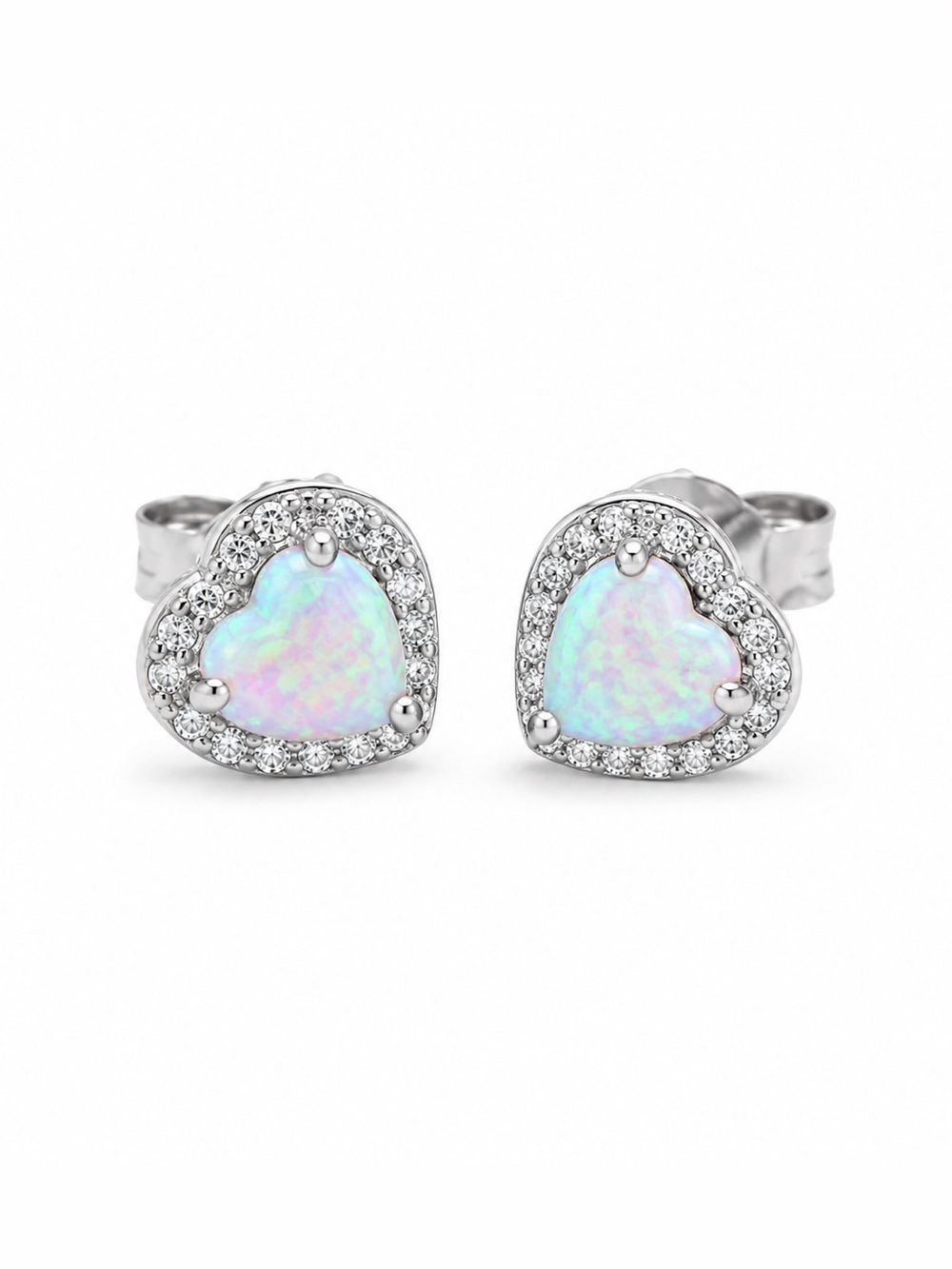 Opal Heart Stud Earrings Moissanite Halo Dainty Everyday Gift Birthstone NWT